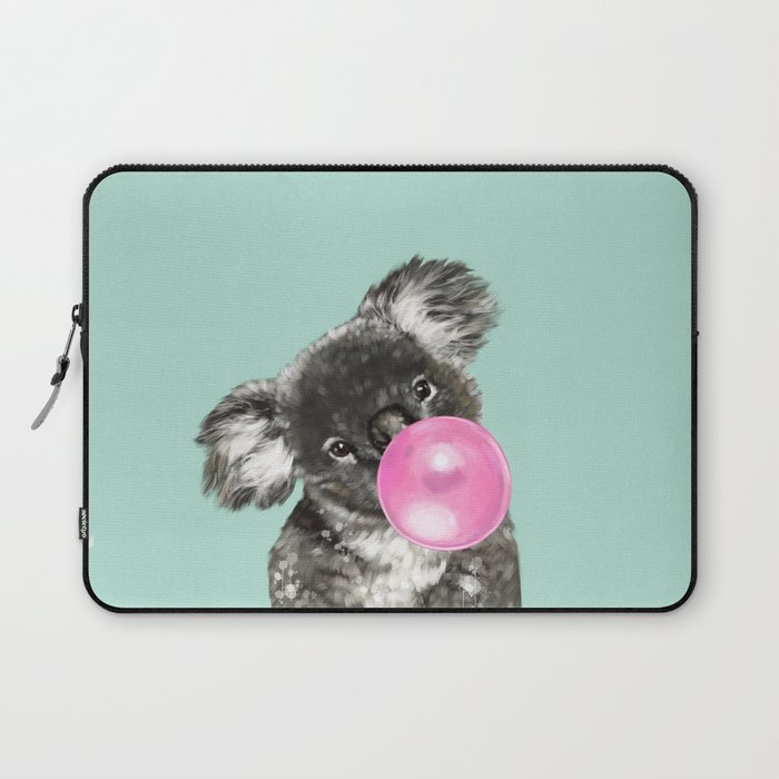 Playful Koala Bear with Bubble Gum in Green Laptop Sleeve