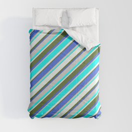 [ Thumbnail: Eyecatching Dark Olive Green, Royal Blue, Light Grey, Cyan & Mint Cream Colored Striped Pattern Comforter ]