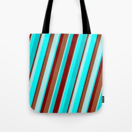[ Thumbnail: Maroon, Sienna, Turquoise, Cyan, and Dark Turquoise Colored Stripes/Lines Pattern Tote Bag ]