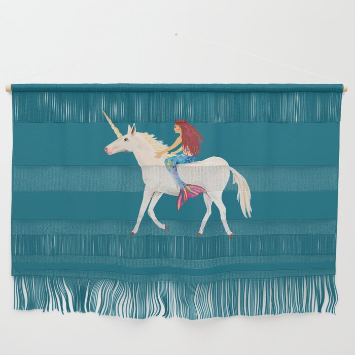 Red Haired Mermaid Rides the Unicorn Wall Hanging