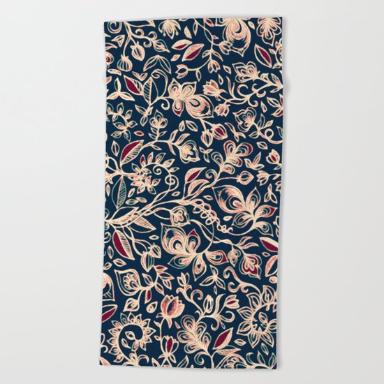 Navy Garden - floral doodle pattern in cream, dark red & blue Beach Towel