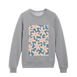 Daisy Time Retro Floral Pattern in Medium Blue and Pale Blush Kids Crewneck
