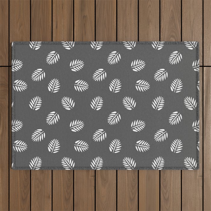 White Tropical Leaf Silhouette Seamless Pattern on Dark Grey Background Outdoor Rug