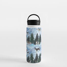 Dogs Skiing - Mountain Resort Scene with Bernese Mountain Dogs, Golden Retrievers, and Malamutes Water Bottle