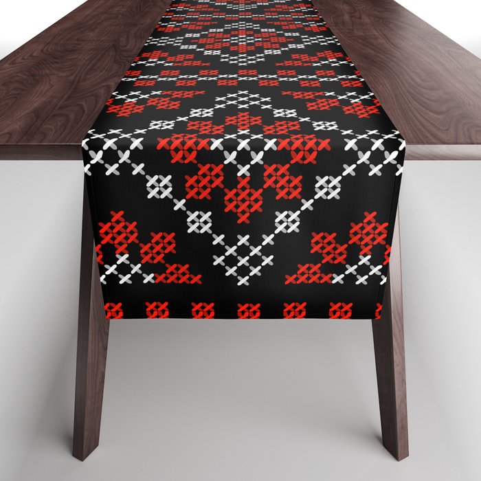 Traditional ethnic cross-stitch flower rows black Table Runner