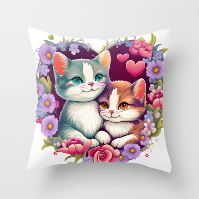 Feline Love: Designing Two Adorable Cats with Roses in a Heart Shape Throw Pillow