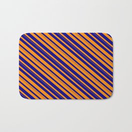 [ Thumbnail: Dark Orange and Dark Blue Colored Lined/Striped Pattern Bath Mat ]