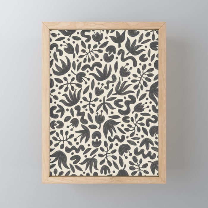Spade Black Florals on Eggshell Background | Hand Painted Pattern Framed Mini Art Print