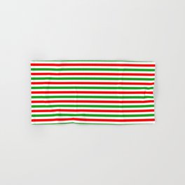 [ Thumbnail: Christmas-Themed Red, White, and Green Colored Striped Pattern Hand & Bath Towel ]