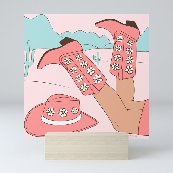 Cute Desert Cowgirl Pink Cowboy Boots Daisy Mini Art Print