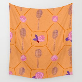 Tennis Rackets & Roses in Peach & Orange Wall Tapestry