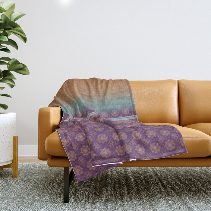 Purple Teal Orange Boho Mandala Tile Ombre Mixed Pattern Throw Blanket