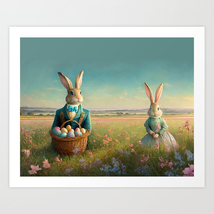 Elegant Vintage Easter bunny boy and girl III Art Print