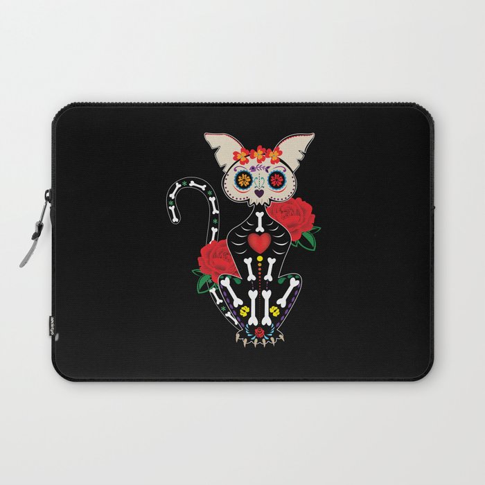 Muertos Day Of Dead Sugar Skull Halloween Cat Laptop Sleeve