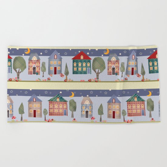 Kids patchwork seamless pattern with houses and trees Beach Towel
