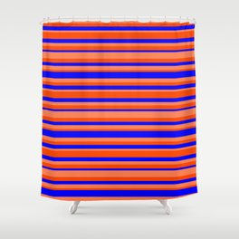 [ Thumbnail: Blue, Coral & Red Colored Striped Pattern Shower Curtain ]
