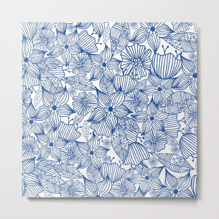Modern royal blue white hand painted watercolor floral Metal Print
