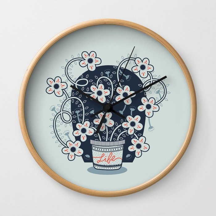 Blue Flowerpot Wall Clock