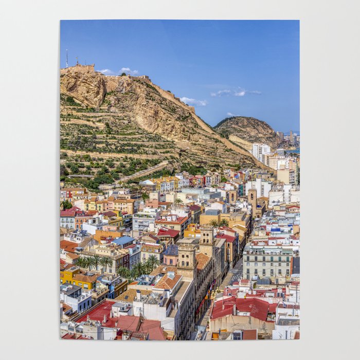 Alicante with the cathedral and the castle of Santa Barbara, Spain. Poster