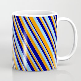 [ Thumbnail: Dark Orange, Dark Blue & Light Sky Blue Colored Lines/Stripes Pattern Coffee Mug ]
