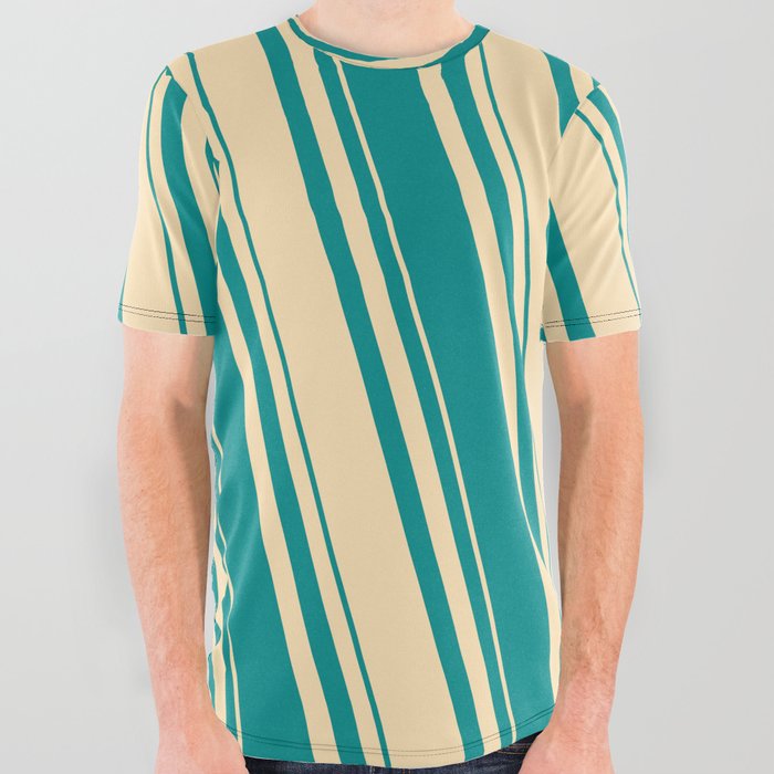Beige & Dark Cyan Colored Lines/Stripes Pattern All Over Graphic Tee