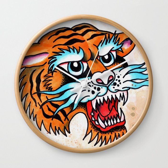 Fierce Tiger - Traditional Tattoo Design Wall Clock by Björn Lisinski |  Society6