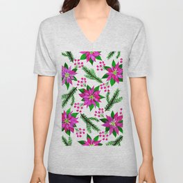 Watercolour Christmas pattern, pink poinsettia, pink berries, white background. V Neck T Shirt