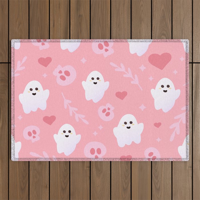 Ghost Cute Seamless Pattern in Pink Colours with Skulls, Hearts and Leaves Outdoor Rug