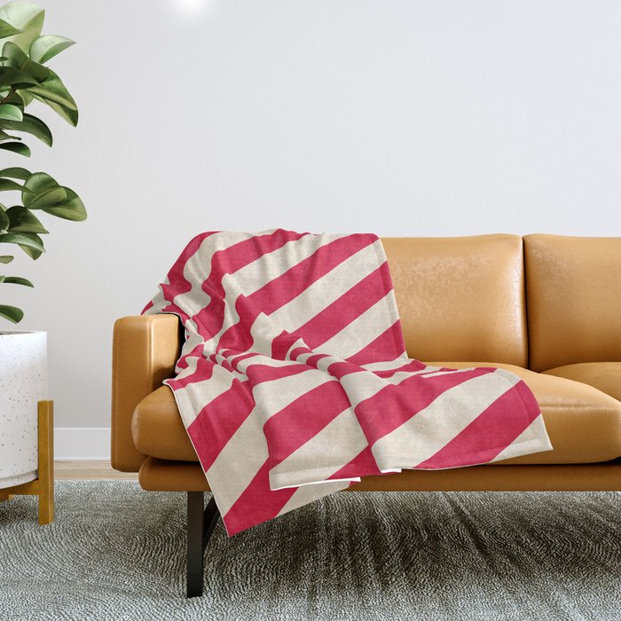 Beige & Crimson Colored Lined/Striped Pattern Throw Blanket