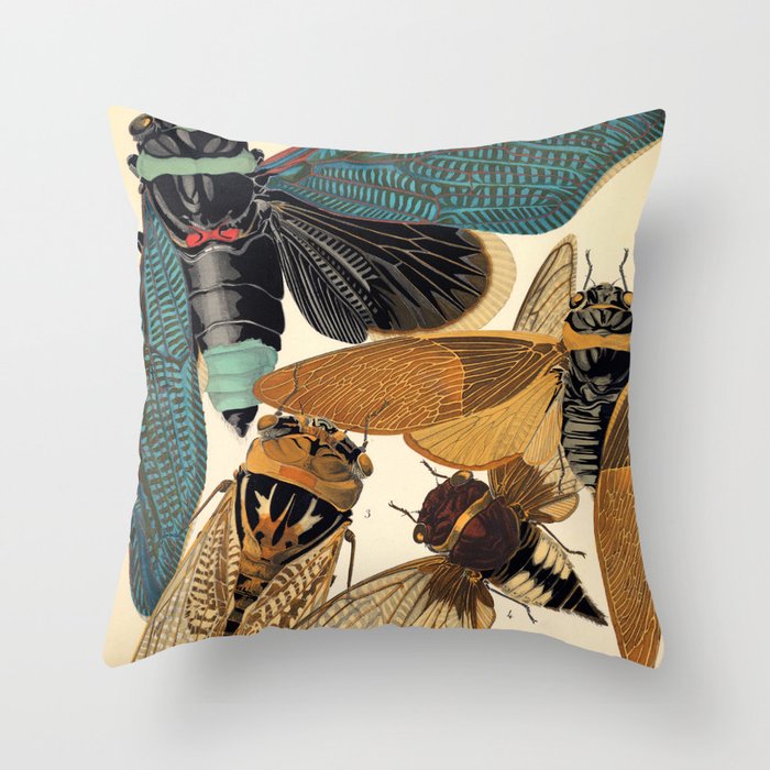 Vintage Art Nouveau Blue and Tan Cicada Print Throw Pillow