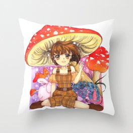 Kawaii Anime girl with enchanted forest mushroom theme Throw Pillow