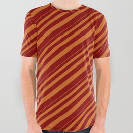 [ Thumbnail: Chocolate and Dark Red Colored Lined/Striped Pattern All Over Graphic Tee ]