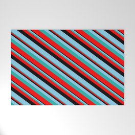 [ Thumbnail: Black, Sky Blue, Light Sea Green & Red Colored Lines/Stripes Pattern Welcome Mat ]