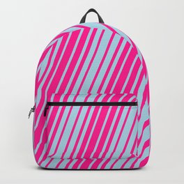 [ Thumbnail: Deep Pink and Light Blue Colored Lined/Striped Pattern Backpack ]