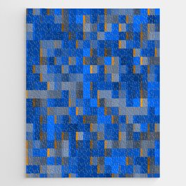 geometric pixel square pattern abstract background in blue yellow Jigsaw Puzzle