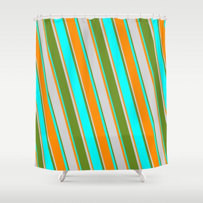 Green, Cyan, Dark Orange, and Light Gray Colored Stripes/Lines Pattern Shower Curtain