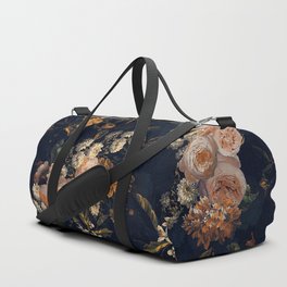 Antique Botanical Peach Roses And Chamomile Midnight Garden Duffle Bag