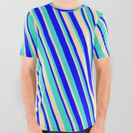 [ Thumbnail: Blue, Turquoise & Beige Colored Striped/Lined Pattern All Over Graphic Tee ]