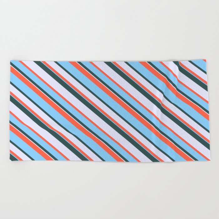 Red, Light Sky Blue, Dark Slate Gray, and Lavender Colored Pattern of Stripes Beach Towel
