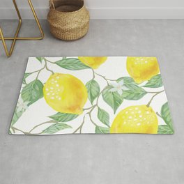 Lemons and Leaves Watercolor Illustration, The Branches Of The Lemon Tree, Watercolor Lemon Tree Rug