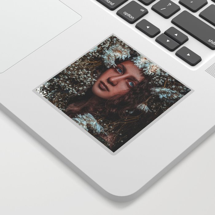 Floral forest female portrait with white blossoms color magical realism photograph / photography Sticker
