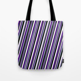 [ Thumbnail: White, Indigo, Light Slate Gray & Black Colored Lined Pattern Tote Bag ]