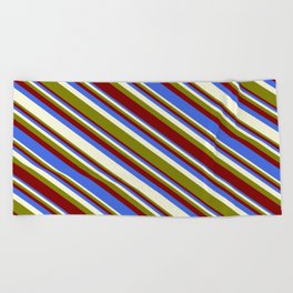 [ Thumbnail: Green, Maroon, Royal Blue, and Beige Colored Stripes/Lines Pattern Beach Towel ]