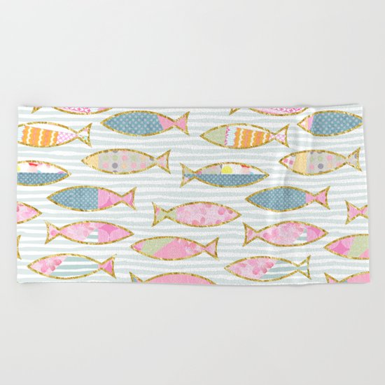 Fancy Fish pastel patchwork pattern Beach Towel