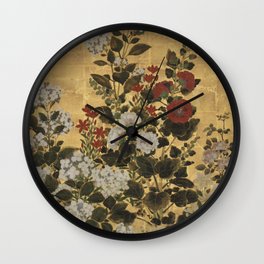 Flowers & Grapes Vintage Japanese Floral Gold Leaf Screen Wall Clock