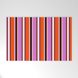 [ Thumbnail: Red, Black, Orchid, and White Colored Stripes Pattern Welcome Mat ]