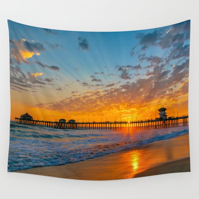 Painted Sky Over Huntington Beach Pier Wall Tapestry By