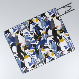 Merry penguins // black white grey dark teal yellow and coral type species of penguins electric blue dressed for winter and Christmas season (King, African, Emperor, Gentoo, Galápagos, Macaroni, Adèlie, Rockhopper, Yellow-eyed, Chinstrap) Picnic Blanket
