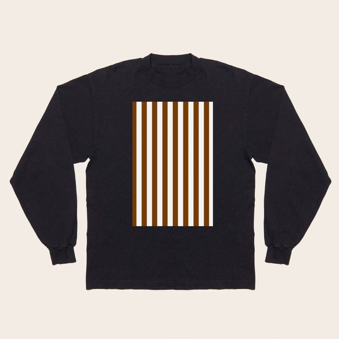 Narrow Vertical Stripes - White and Chocolate Brown Long Sleeve T Shirt