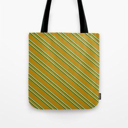 [ Thumbnail: Dark Goldenrod, Turquoise & Dark Green Colored Lines/Stripes Pattern Tote Bag ]